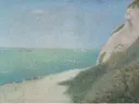 Het strand Bas-Butin, Honfleur van Georges Seurat: zee met strand, zee, klif en kust, in turkoois en zand