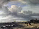 Het strand bij Egmond aan Zee van Jacob van Ruisdael: zee met strand, zee, golven en wolken, in grijsblauw en zand