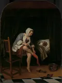 Het toilet van Jan Steen: figuren met vrouw, slaapkamer, bed en kous, in donker bruin met wit
