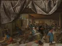 Het toneel van de wereld van Jan Steen: interieur met herberg, gezelschap, gordijn en kinderen, in warm bruin met grijs