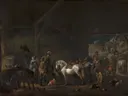 Het vertrek uit de stal van Philips Wouwerman: interieur met stal, paarden, ruiters en honden, in donker bruin