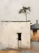 Wit huis met eenzame boom, minimalistisch geschilderd