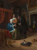 Het zieke meisje van Jan Steen: interieur met dokter, vrouw, kamer en hond, in warm bruin met rood