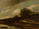 Heuvelachtig landschap met water van Guillam Dubois: landschap met duinen, water, bomen en wolken, in gedempt bruin en grijs