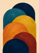 Heuvelbogen in de stijl Retro Shapes, in gedurfd marineblauw, mosterdgeel, warm oranje, baksteenrood en petrolblauw