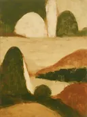 Schilderij: heuvels en bomen in olijf en oker