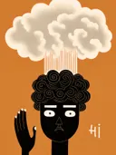 Illustratie van een figuur met een regenwolk boven het hoofd en de tekst Hi, op een oranje achtergrond.