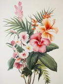 Boeket van hibiscus en frangipani bloemen met groene bladeren.