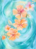 Aquarel schilderij van perzikkleurige hibiscusbloemen op een turkooizen golvende achtergrond