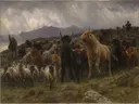 Highland Raid van Rosa Bonheur: dieren met runderen, schapen, kudde en bergen, in gedempt bruin en grijs