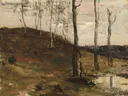 Hillside with Trees van William Morris: landschap met heuvel, bomen, berken en gras, in gedempt bruin en groen