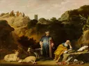 Hippocrates bezoekt Democritus van Claes Corneliszoon Moeyaert: figuren met mannen, geiten, schapen en boeken, in warm beige en blauw