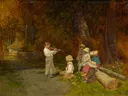 His First Appearance in Public van Charles Caleb Ward: figuren met kinderen, bos, spelen en boomstam, in warm groen en okergeel