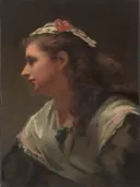 His First Model Miss Russell van William Morris: portret met vrouw, profiel en haarband, in warm bruin