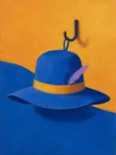 Schilderij van hoed aan een haak in kobalt en saffraan, in vlakke kleurvlakken