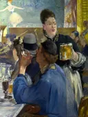 Hoek van een Concert-Café van Édouard Manet: figuren met cafe, bier, serveerster en mensen, in blauw en geel