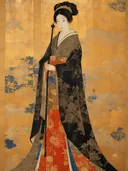 Hofdame in zwarte kimono op goud, portret schilderij