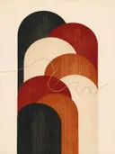 Hoge bogen in de stijl Retro Shapes, in diep rood, roestoranje en romige crème, met diepzwart