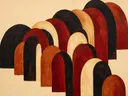 Hoge bogen in de stijl Retro Shapes, in diep rood, roestoranje en romige crème, met diepzwart