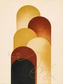 Hoge bogen in de stijl Retro Shapes, in diep roest, mosterdgeel en romige crème, met een diepzwart accent