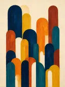 Hoge bogen in de stijl Retro Shapes, in gedurfd marineblauw, mosterdgeel, warm oranje, baksteenrood en petrolblauw