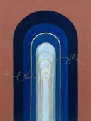 Hoge bogen in de stijl Retro Shapes, in middernachtindigo, kobalt en bleek ijsblauw, met een dunne gouden lijn
