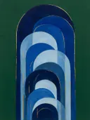 Hoge bogen in de stijl Retro Shapes, in middernachtindigo, kobalt en bleek ijsblauw, met een dunne gouden lijn