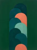 Hoge bogen in de stijl Retro Shapes, in diep zeegroen, petrolblauw en bleek zeeschuim, met een warm koraalrood accent