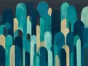 Hoge bogen in de stijl Retro Shapes, in diep zeeblauw, turkoois en bleek aqua, met warm zand