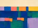 Paletmes abstract schilderij, hoge horizon in fel koraal