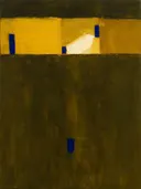 Paletmes abstract schilderij, hoge horizon in mosterd en kobalt