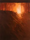 Paletmes abstract schilderij, hoge horizon in terracotta