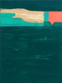 Paletmes abstract schilderij, hoge horizon in turkoois en zand