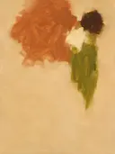 Hoge wassing in klei en olijf, abstract schilderij met doorschijnende wassingen