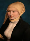 Holbein il giovane, ritratto di donna della germania meridionale, 1520 25 ca. 02 van Hans Holbein de Jonge: portret met vrouw, witte kap en zwarte jurk, in blauw met wit en zwart