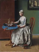 Hollands meisje aan het ontbijt van Jean-Étienne Liotard: interieur met vrouw, dienblad, chocolade en tafeltje, in groen en wit