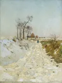 Holle weg in de winter van Eugen Jettel: landschap met bomen, sneeuw en hooiruiter