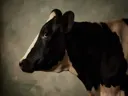 Studioportret van Holstein Friesian en profil, tegen een geschilderd doek in salie
