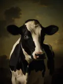 Studioportret van Holstein Friesian van voren, tegen een geschilderd doek in olijf