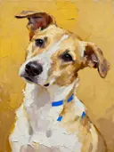 Schilderij: hond in mosterd en kobaltblauw