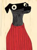 Grafische hondenillustratie met rode gestreepte broek