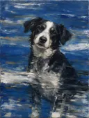 Schilderij: hond uitgeveegd in delftsblauw