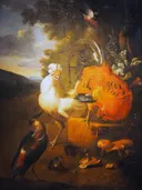 Hondecoeter Poultry van Melchior d'Hondecoeter: dieren met haan, kippen, vogels en kuikens, in warm oranje en bruin