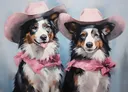 Schilderij van twee honden met roze cowboyhoeden