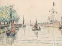 Honfleur, 1930, lot van Paul Signac: zee met haven, zeilboten, water en bomen, in zacht roze en blauw