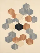 Honingraat in de stijl Geometric Earth, in gedempt blauwgrijs, romige crème en terracotta, met een diepzwart accent