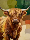 Schilderij: hooglander in aardetinten met oranje
