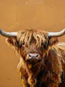 Hooglander in bruinoranje op oker, dieren schilderij