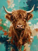 Schilderij: hooglander in fragmenten, turquoise