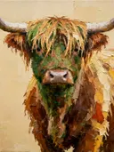 Schilderij: hooglander in groen en oranje